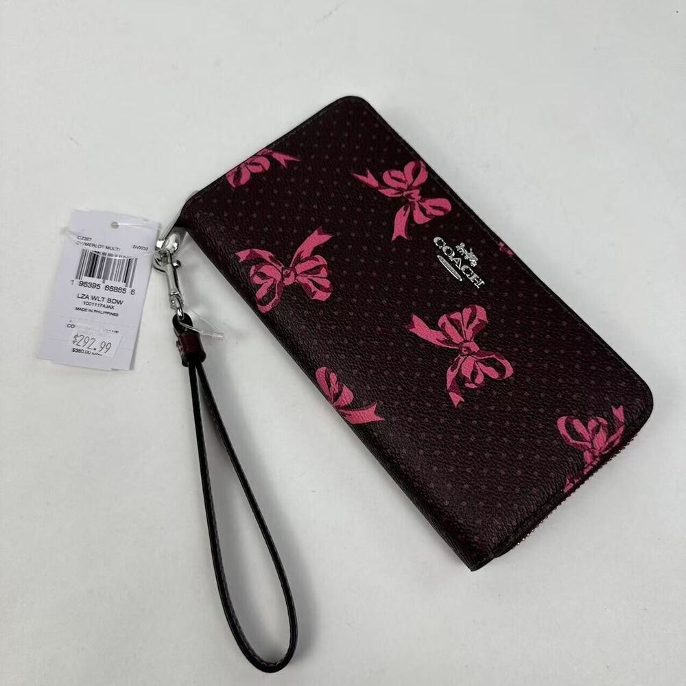 Coach Long Zip Around Wallet Signature Canvas Bow Print Silver/Merlot CZ327